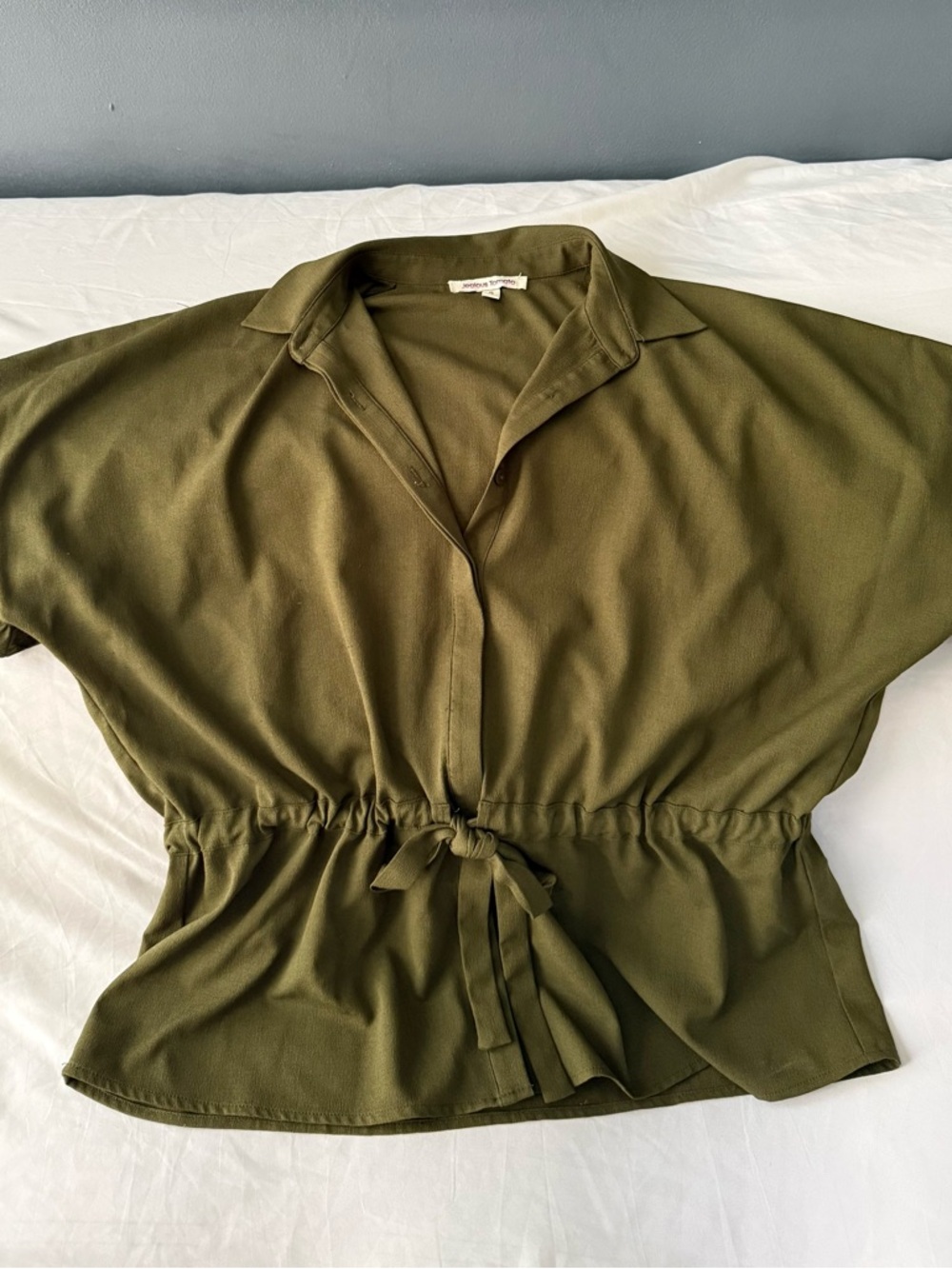 Jealous Tomato Olive Green Button Down Peplum Blouse Ruffle Short Sleeve